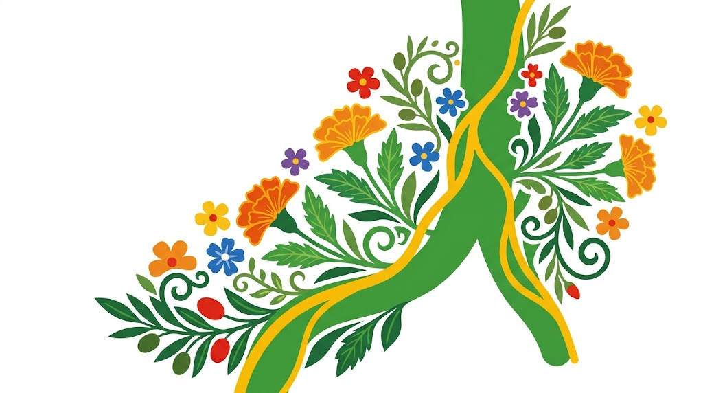 A flat folk-art vector illustration of the human vagus nerve framed by stylised flowers, leaves and curling vines on a white background.