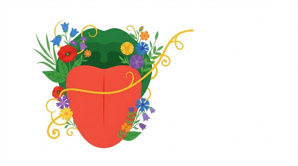 Flat vector illustration of a human tongue and soft palate with clusters of stylised bellflowers, asters and grasses tucked along the outline.