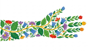 Flat vector illustration of a hand feeling the pulse at the wrist, framed by folk-art flowers.