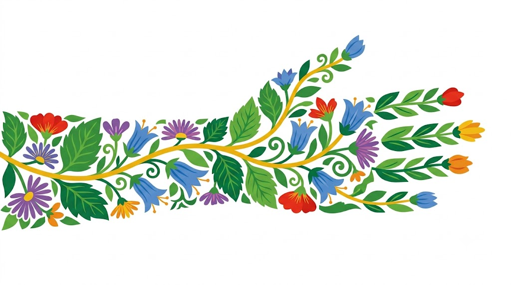 Flat vector illustration of a hand feeling the pulse at the wrist, framed by folk-art flowers.