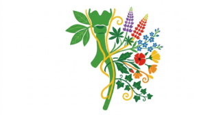 A flat folk-art vector illustration of a human vagus nerve framed by stylised flowers and vines on a white background.
