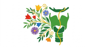 A flat vector illustration of a human larynx surrounded by folk-art botanicals.