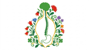 A flat folk-art vector illustration of the human vagus nerve framed by stylised flowers, leaves and curling vines on a white background.