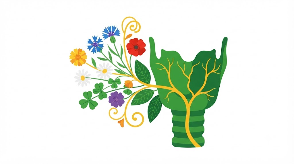 Flat vector illustration of a human larynx with a spray of stylised cornflowers, daisies and clover leaves fanning out from one side.