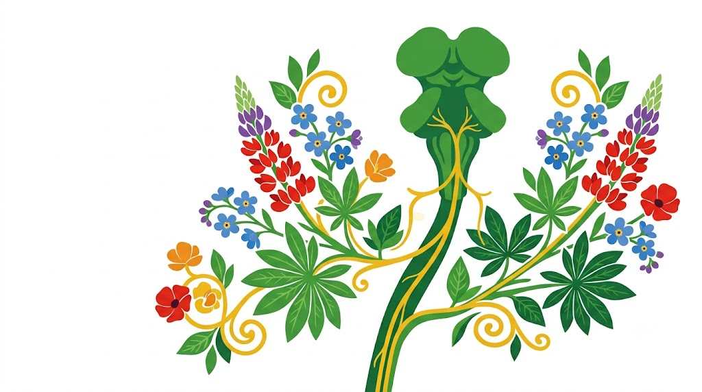 A flat folk-art vector illustration of a human brainstem with the vagus nerve descending from it, framed by stylised flowers on white.