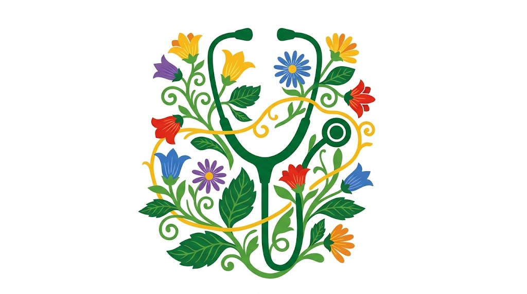 Flat vector illustration of a stethoscope surrounded by folk-art flowers and vines.