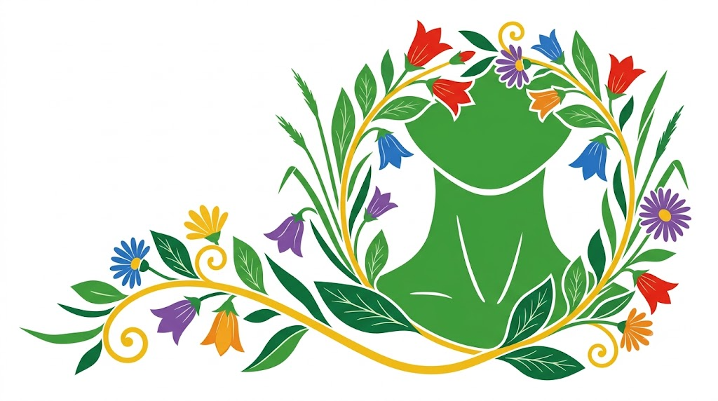 A flat folk-art vector illustration of a human throat encircled by a wreath of bellflowers, asters and grasses.