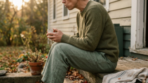 A person gargling a mouthful of water at a kitchen sink in a warm, lived-in room.