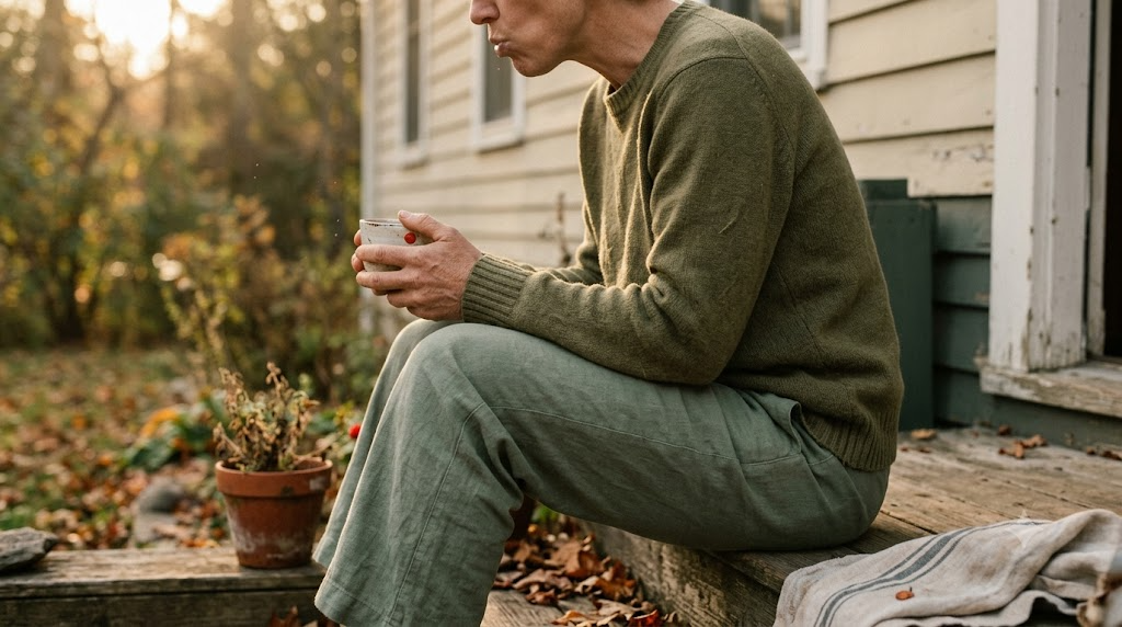 A person gargling a mouthful of water at a kitchen sink in a warm, lived-in room.
