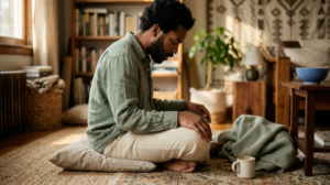A person seated cross legged on a worn rug exhaling slowly through a long hum in morning sun.