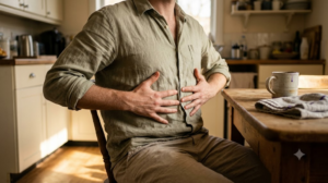 Torso and hands of a person breathing in with both hands spread over their ribs.