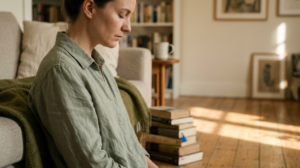 In profile on a sofa, a person takes a slow breath in through their nose in low morning sun.