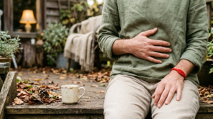 A close, warm photograph of a person taking a slow deep breath with one hand cupped over their belly while sitting on a low step.