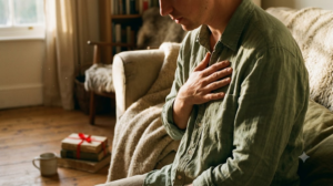 A close, warm photograph of a person seated on a sofa humming with one hand resting flat on their chest, head lowered.