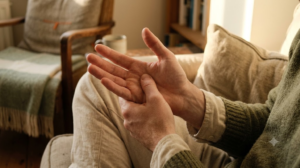 Close on hands as a person presses a thumb into the centre of their opposite palm in warm afternoon light.