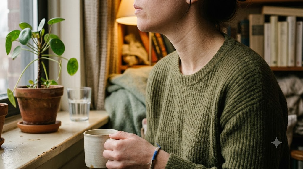 Cropped at the chin by a windowsill, a person breathes out slowly with their shoulders dropping in warm lamplight.