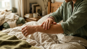 A pair of hands on rumpled bed linen, one palm smoothing slowly down the other forearm.