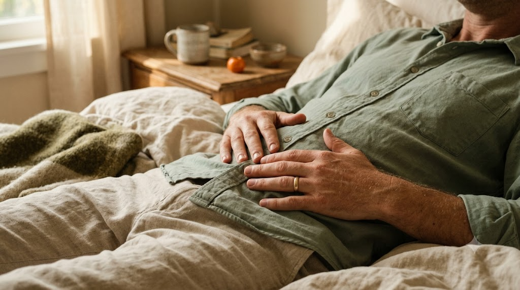 A person lying back on rumpled bed linen with both hands resting low on their belly in morning sun.