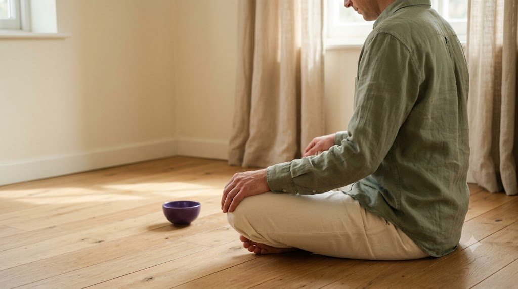 A side-on photograph of a person seated cross-legged on a wooden floor with head lowered after a slow breathing practice in soft early morning light.