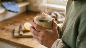 A pair of hands cupped around a warm mug at a wooden kitchen counter in morning sun.