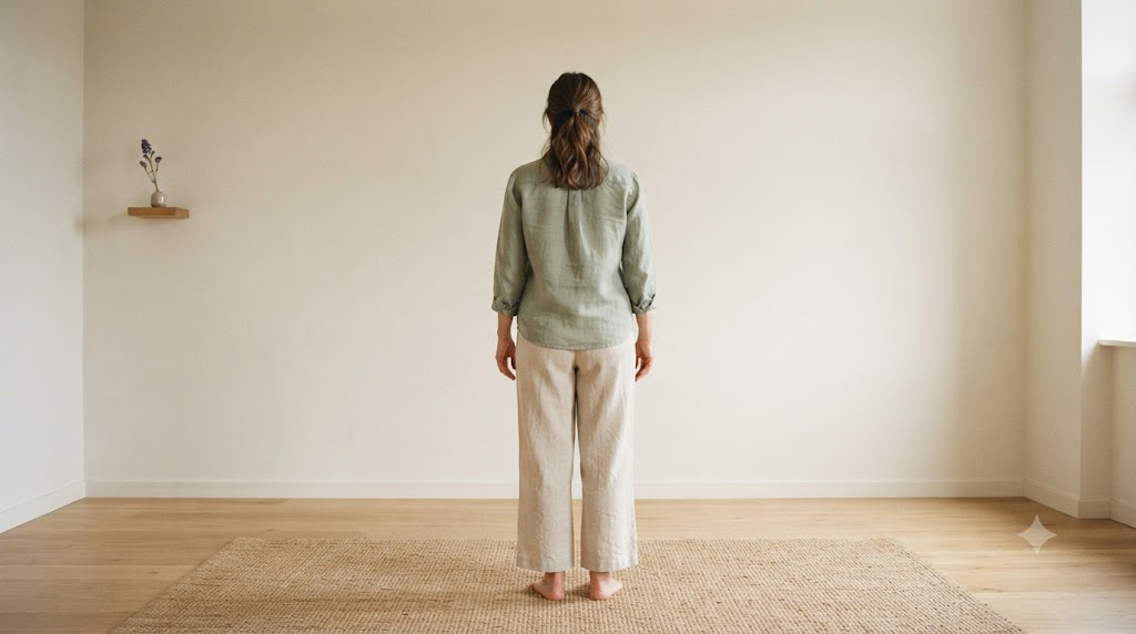 A person seen from behind standing barefoot and still on a woven rug in a large calm room, breathing slowly.