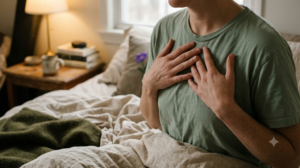 A close, warm photograph of a person breathing slowly with both hands resting on their upper chest among rumpled bed linen.