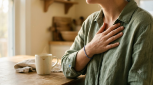 Seen from just above at a kitchen table, a person rests a hand over their heart and breathes out.