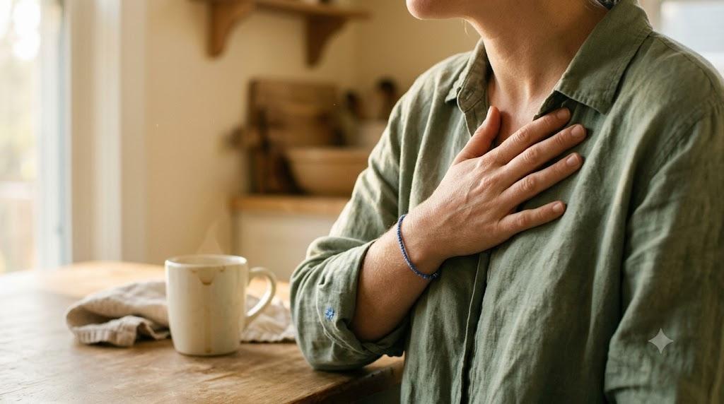 Seen from just above at a kitchen table, a person rests a hand over their heart and breathes out.