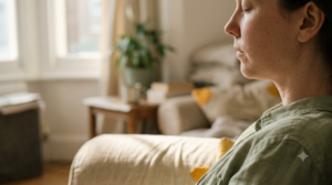 A person in a deep armchair letting a long slow breath out with their shoulders dropping in early morning sun.