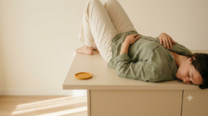A photograph of a person lying on their back breathing slowly with one hand on their chest and one on their belly.