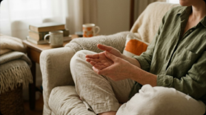 Close on a pair of hands cupped together in a lap in a deep armchair, lit by soft window light.