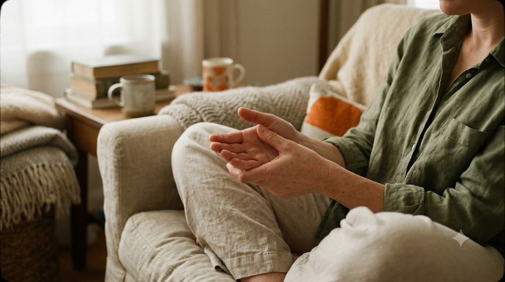 Close on a pair of hands cupped together in a lap in a deep armchair, lit by soft window light.