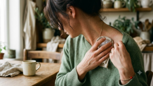 A person at a kitchen table pressing a cloth-wrapped ice cube against their own collarbone.
