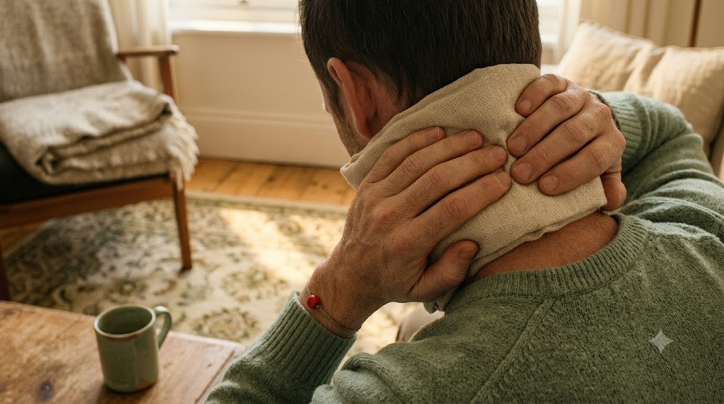 Hands pressing a cloth-wrapped ice pack against the side of a neck on a worn rug in morning sun.