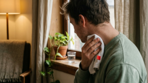 Seen from behind at a windowsill, a person holds a cold damp flannel against their throat in warm lamplight.