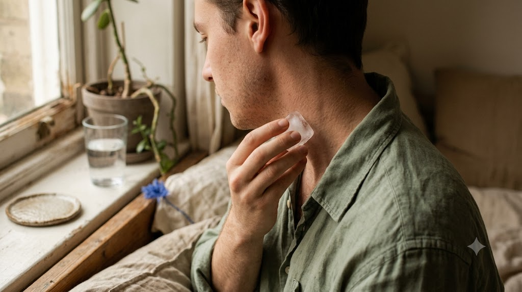 A person holding an ice cube against the side of their neck by a sunlit windowsill.