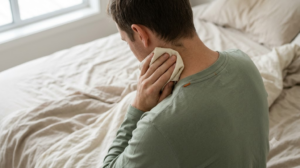 A person seen over the shoulder holding a cold damp cloth against the side of their neck on an unmade linen bed.