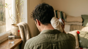 Seen from behind at a windowsill, a person presses a wrapped ice pack to the side of their neck in warm light.