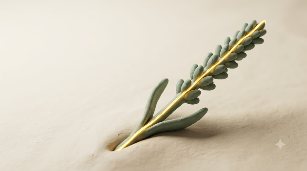 A sculpted matte clay sprig of lavender half emerged from a smooth surface, with a bright golden line tracing its full length.