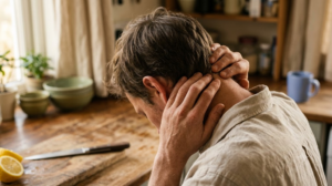 Fingertips pressing slow circles into the base of a skull at a wooden kitchen counter.