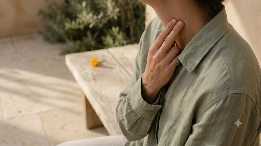 A close view of a pair of hands pressing gently along the side of a throat, seated on a low bench outdoors in soft early morning light.
