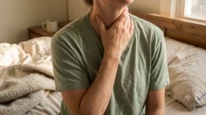 A person seen from behind kneading the base of their own neck with one hand in a warm, lived-in room.