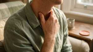 A person in a deep armchair working slow circles into the side of their neck with a thumb.