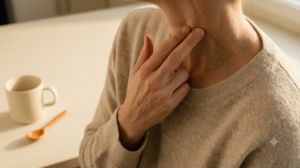 A close view of hands and a collarbone from just above at a plain kitchen counter, two fingers stroking downward along the side of the neck in warm late afternoon light.