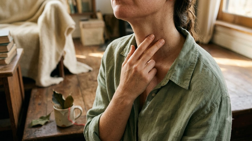 A person stroking slowly down the side of their neck with two fingers on a low step outdoors.