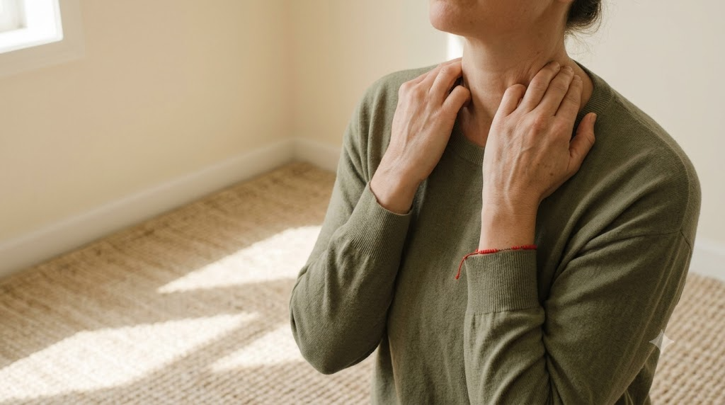 A close view of hands and a collarbone from just above, fingertips kneading the base of the neck in low early morning light.