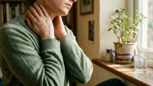 A close, warm photograph of a person massaging the side of their own neck with two fingers beside a sunlit windowsill.