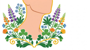Flat vector folk-art illustration of a simplified human neck and jaw, surrounded by stylised blooms and foliage on a white background.