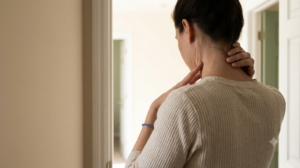 A person running two fingers slowly down the side of their own neck.
