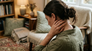 Seen from behind, a person massages the side of their own neck with two fingers in warm lamplight.